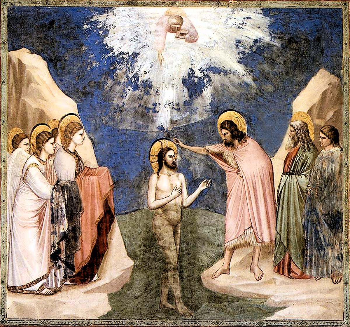 01 Giotto di Bondone. The Baptism of Our Lord Christ. Cappella Scrovegni a Padova. Padova ITALY. 1305
