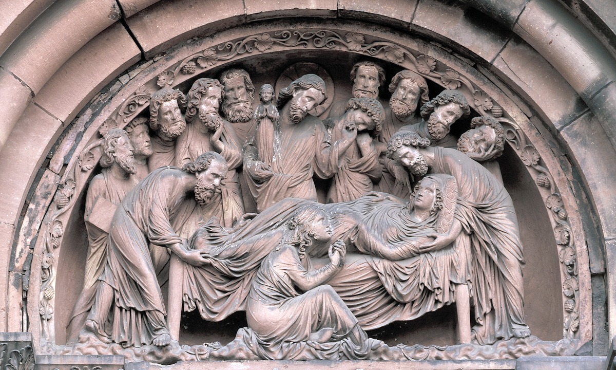 00 The Death of the Virgin. Tympanum of Left Doorway, South Transept, Strasbourg Cathedral. Strasbourg FRANCE. ca 1230